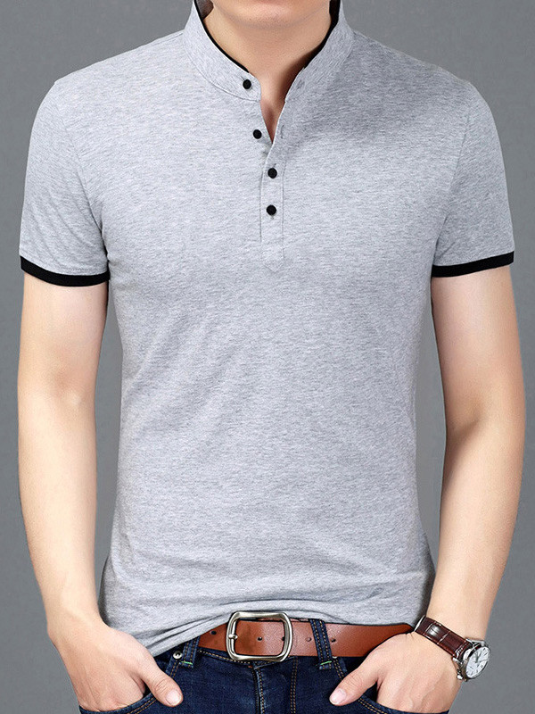 Grey Short Sleeve Mandarin Collar T-Shirts