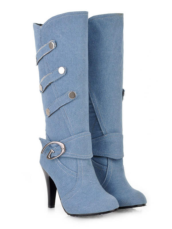 Light Blue Ladies Splice Buckle Denim Boots 