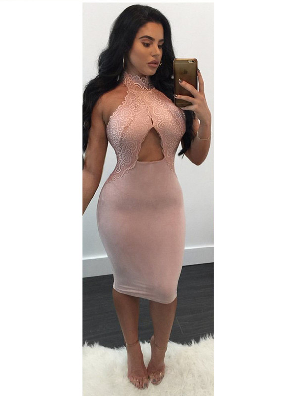 Pink Sexy Hollow-out Milk Bodycon Dress