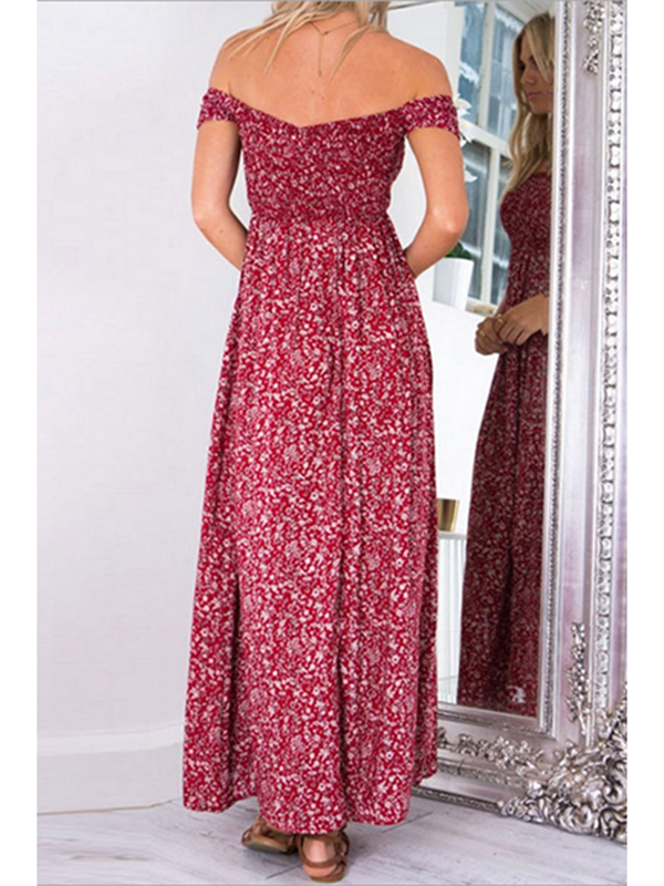 Red Dew Shoulder High Split  Maxi Dress 