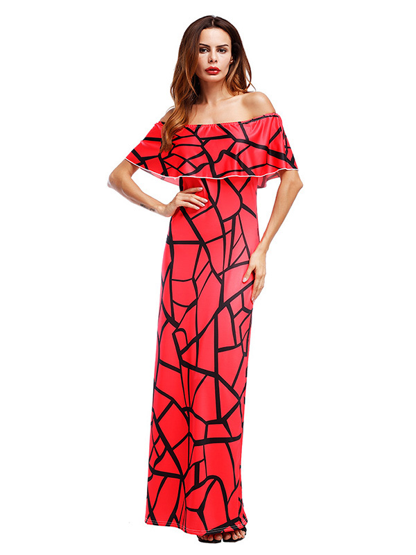 Red Falbala Design Ankle Length Maxi Dress