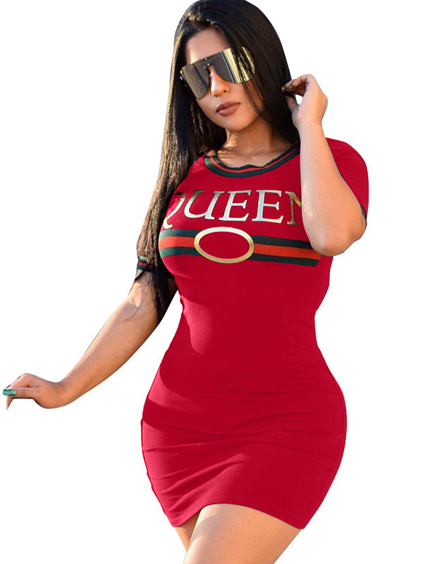 Red Round Neck Letters Printed Casual Dress