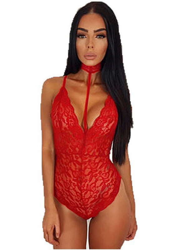 Red Sexy Halter See-Through Lace Bodysuit