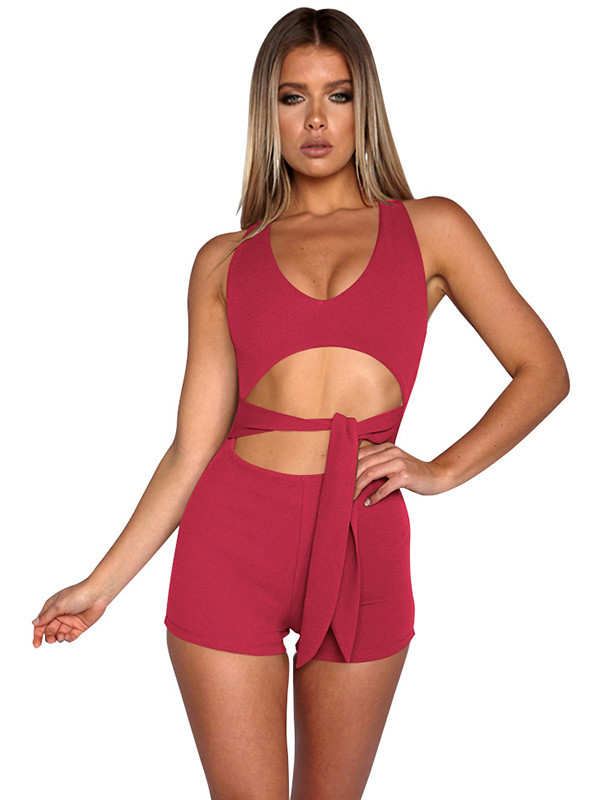 Red Sexy V Neck Lace-up Hollow-out Jumpsuits