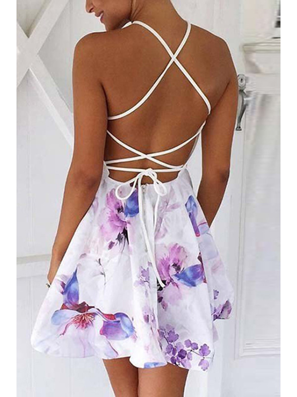 Sexy Lace-up Backless Printed Polyester Casual Dress