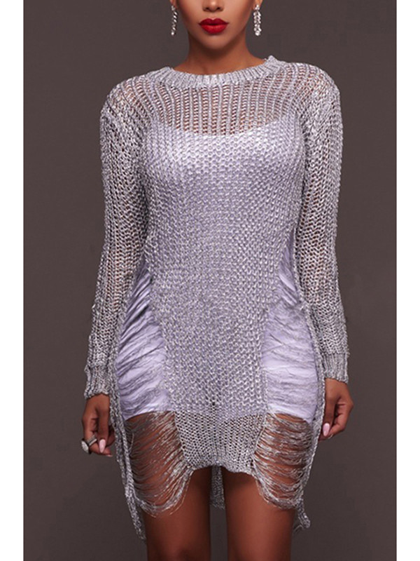 Silver Round Neck Hollow-out Sweater Dress