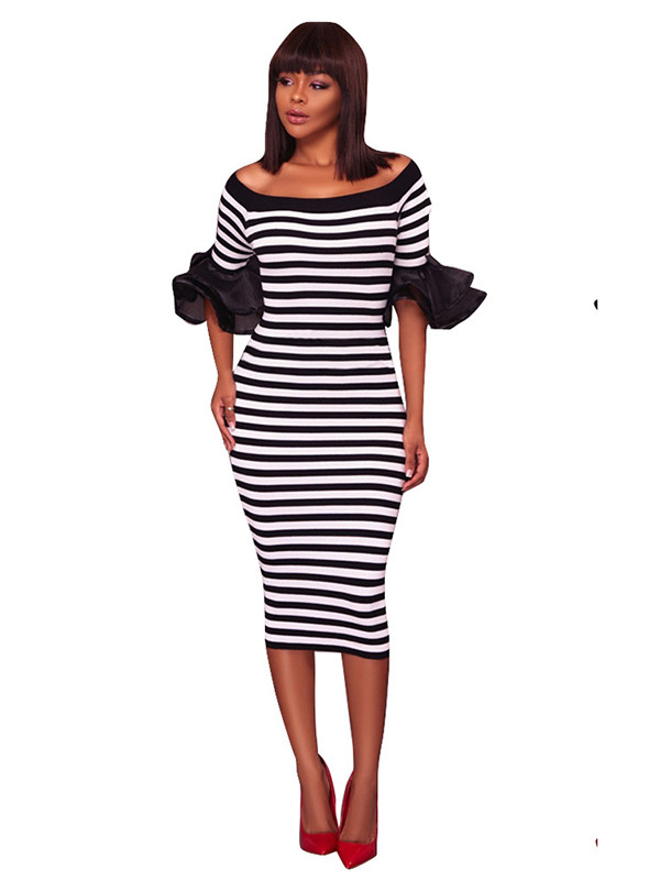 Trendy Dew Shoulder Striped Gauze Splicing Dress 