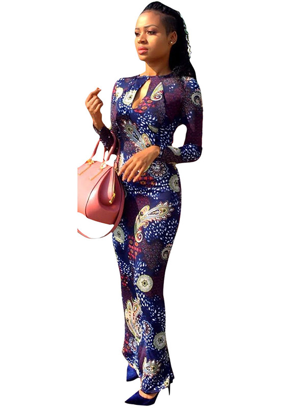 Trendy Round Neck Printed Hollow-out Dress