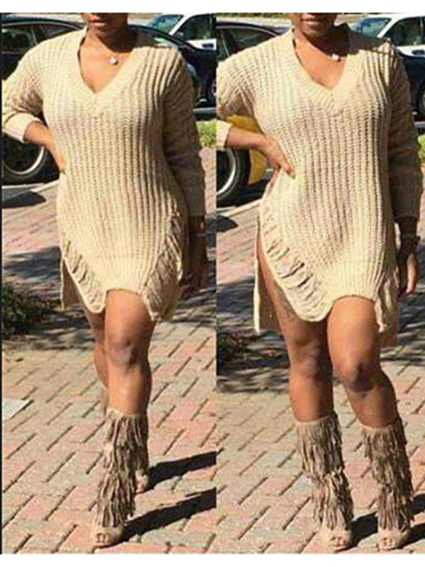 V Neck Long Sleeves Sides Split Sweater Dress