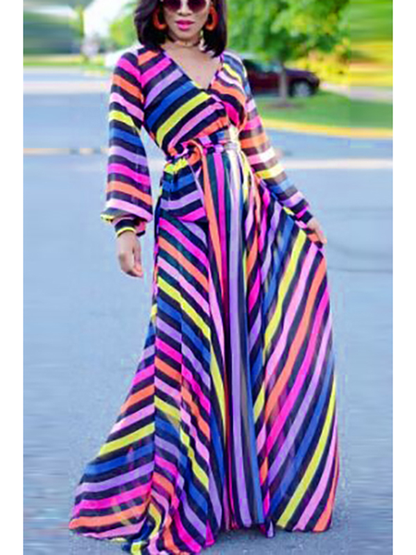 V Neck Long Sleeves Striped Printed Maxi Dress