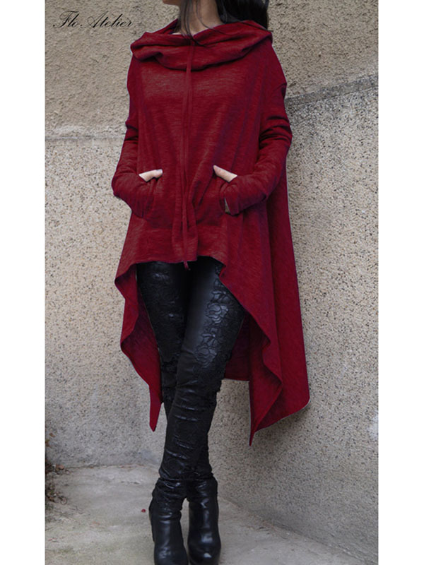 Wine Red Asymmetrical Hem Pullover Hooodies