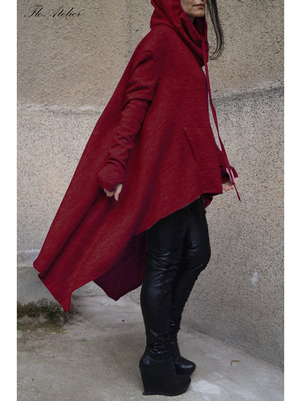 Wine Red Asymmetrical Hem Pullover Hooodies