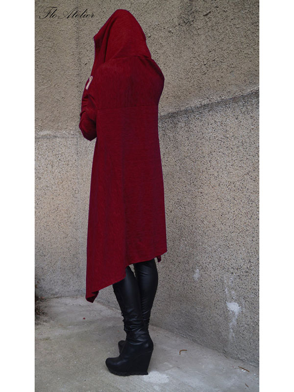 Wine Red Asymmetrical Hem Pullover Hooodies