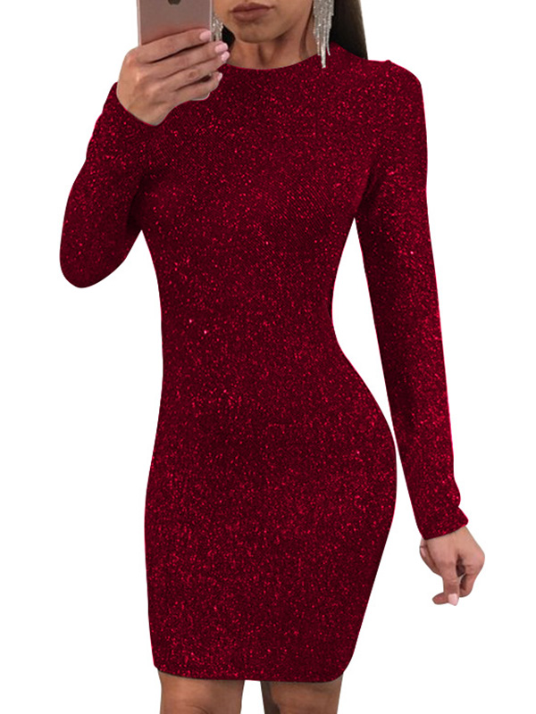 Wine Red Round Neck Lace-up Bodycon Dress