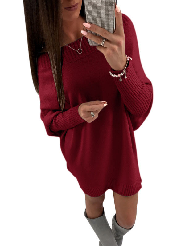 Wine Red Shoulder Knitting Sweater Dress