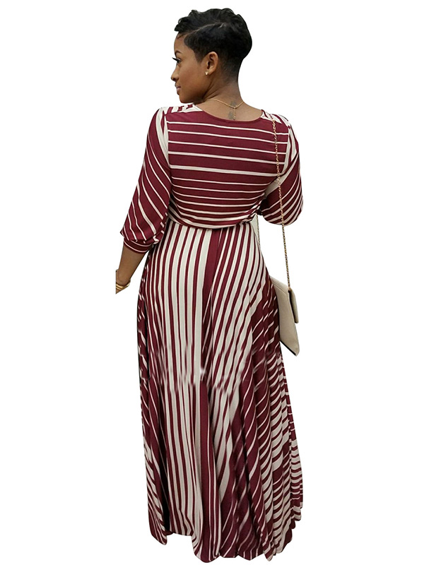 Wine Red Stripe Printed Ankle Length Casual Dress