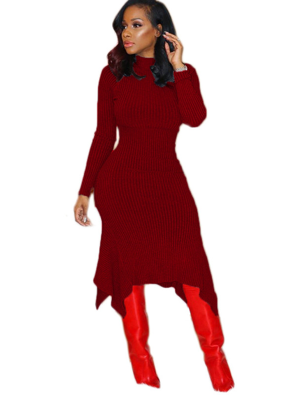 Wine Red Trendy Turtleneck Asymmetrical Dress