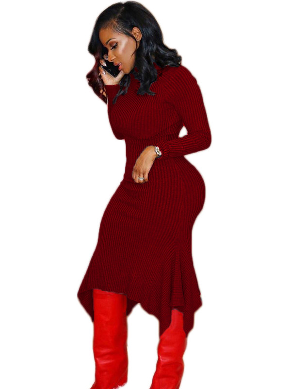 Wine Red Trendy Turtleneck Asymmetrical Dress