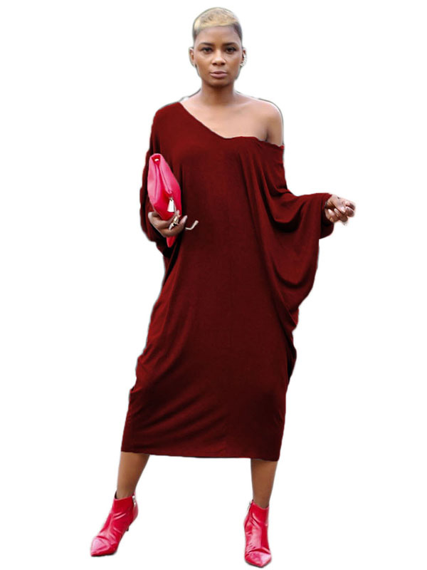 Wine Red V Neck Hollow-out Casual Dress