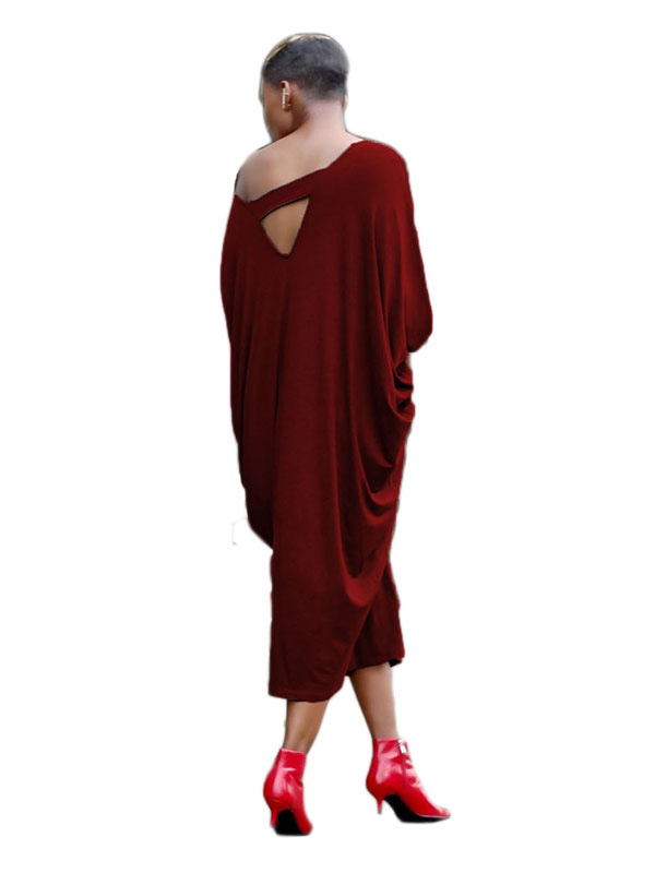 Wine Red V Neck Hollow-out Casual Dress