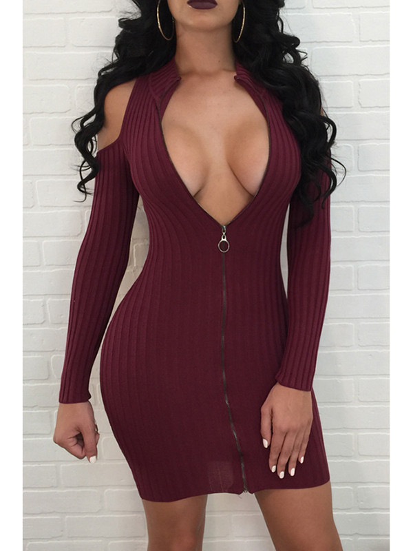 Wine Red V Neck Zipper Design Sweater Dress 