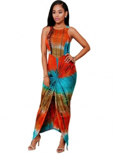  Round Neck Printed Pleated Rayon Bohemian Dress   