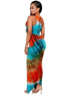  Round Neck Printed Pleated Rayon Bohemian Dress   