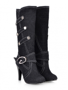 Black Ladies Splice Buckle Denim Boots 