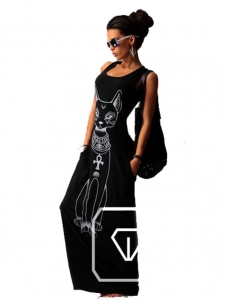 Black Cat Print Sheath Ankle Length Casual Dress 