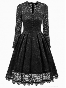 Black Fashion Lace Trim Patchwork Dress