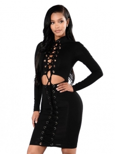 Black Mandarin Collar Lace-up Hollow-out Bodycon Dress
