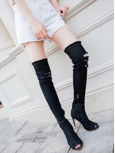 Black Over Knee Open Toe Jeans Boots