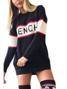 Black Round Neck Letter Patchwork Casual Dress 