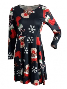 Black Round Neck Long Sleeves Polyester Printed Casual Dress