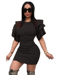 Black S-XXL Fashion Ruffle Sleeve Bodycon Dress
