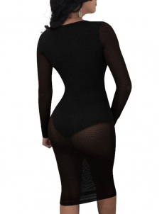 Black Sexy U Neck See-Through Midi Dress 