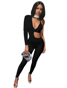 Black Sexy V Neck Hollow-out Asymmetrical Jumpsuits 