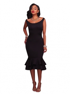Black Trendy Round Neck Falbala Design Dress