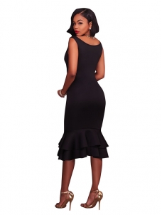 Black Trendy Round Neck Falbala Design Dress
