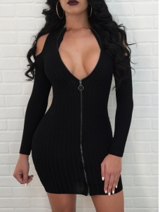 Black V Neck Zipper Design Sweater Dress 