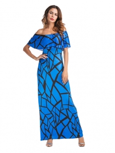 Blue Falbala Design Ankle Length Maxi Dress