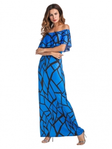 Blue Falbala Design Ankle Length Maxi Dress