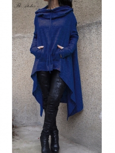 Blue Fashion Asymmetrical Hem Pullover Hooodies