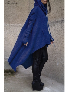 Blue Fashion Asymmetrical Hem Pullover Hooodies