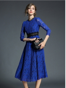 Blue Flower Crochet Hollow Out Patchwork Dress