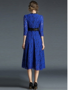 Blue Flower Crochet Hollow Out Patchwork Dress