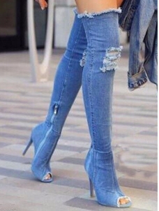 Blue Over Knee Open Toe Jeans Boots