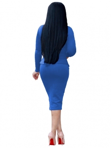 Blue Round Neck Drape Collage Design Dress