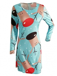 Blue Round Neck Long Sleeves Polyester Printed Casual Dress