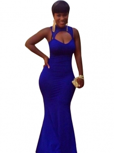 Blue Sexy Round Neck Hollow-out Maxi Dress